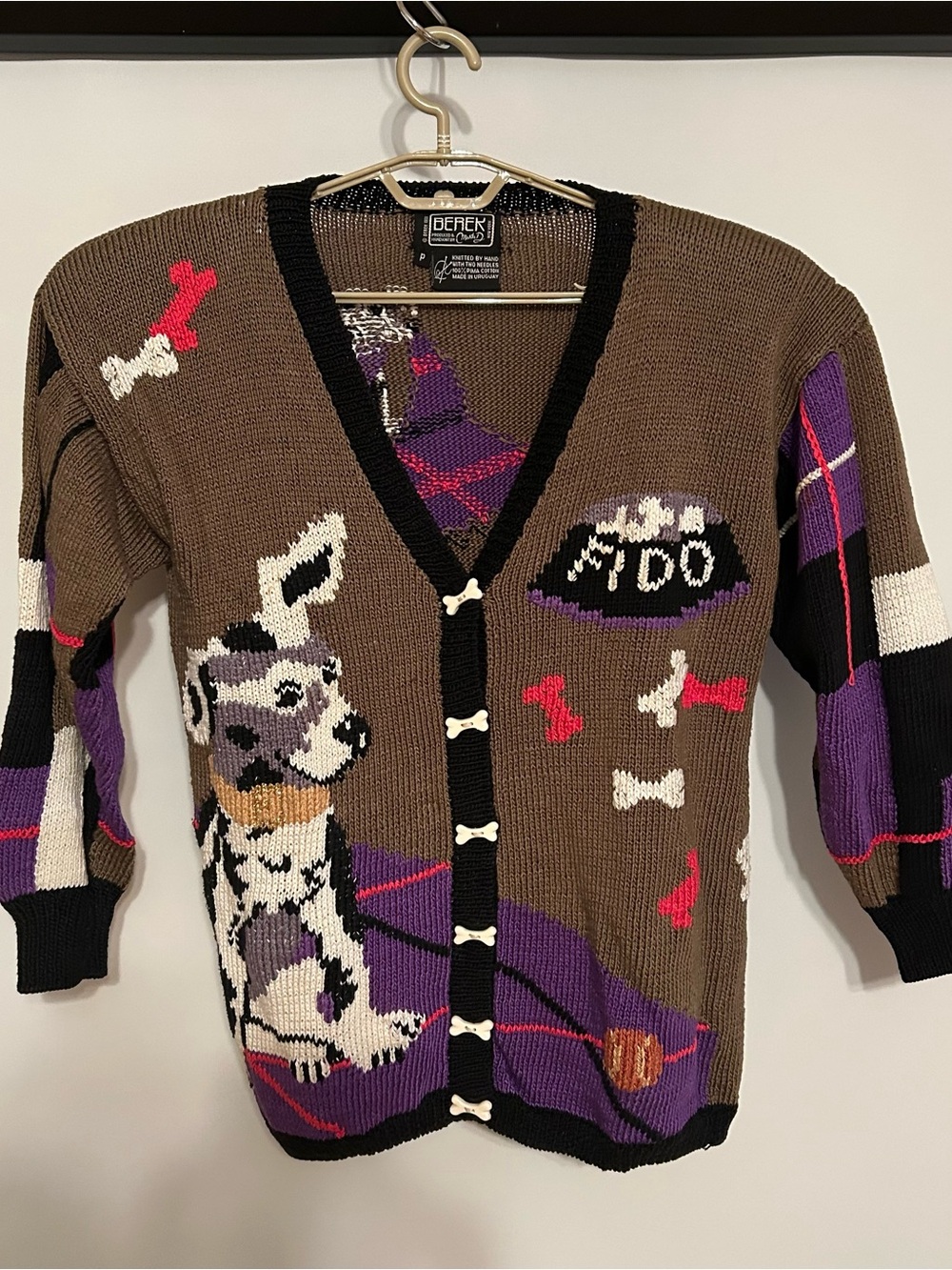 berek Brown and Purple Dog Graphic Cardigan Sweater